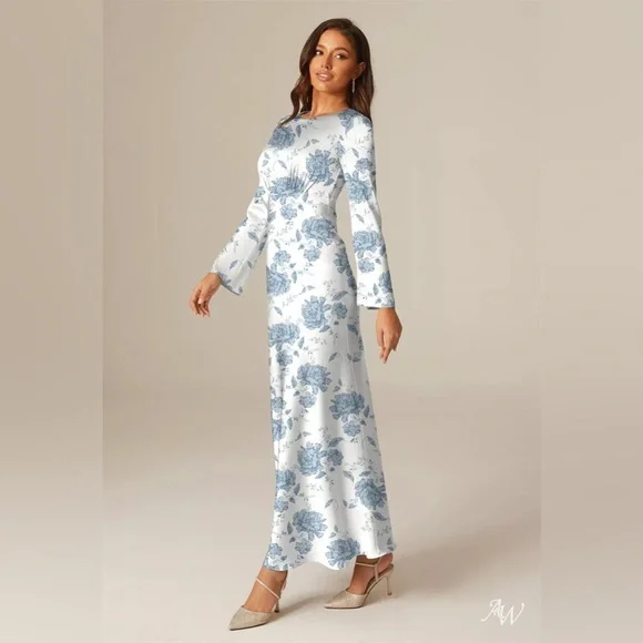 NWOT AW Bridal Elegant Formal Blue and White Floral Long Sleeve Bridesmaid Dress - Picture 4 of 5